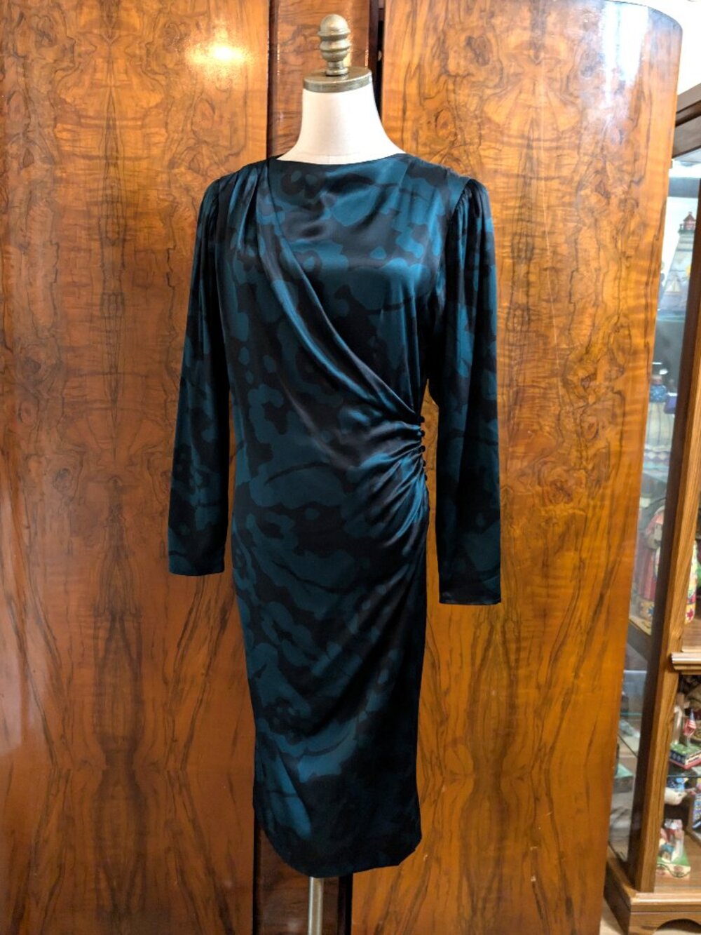 Vtg Neiman Marcus Teal Black Silk Satin Ruched Sheath Midi Dress 8 Whimsigoth